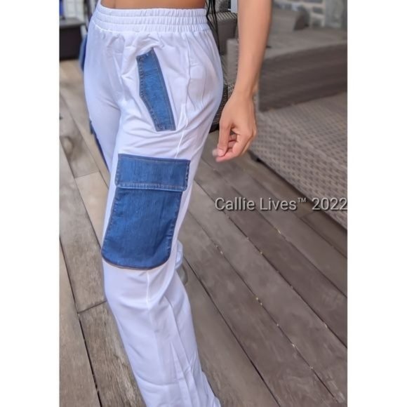 Callie Cargo: Mixed Media Denim & Cotton White Jogger Pants - Picture 3 of 13